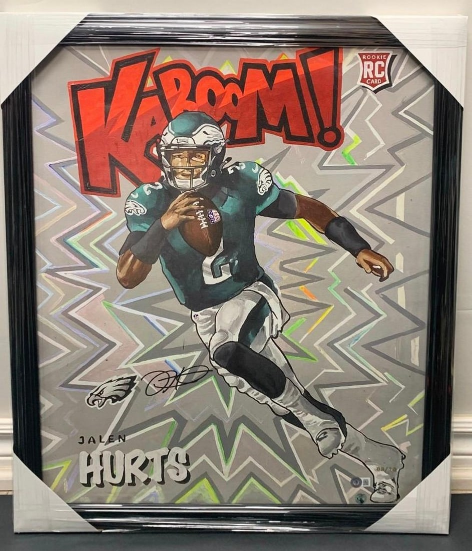 Jalen Hurts Print With Signature Kaboom Rookie Card- Gold Limited Edition With Black Frame: Authentic Jalen Hurts Print With Signature Kaboom Rookie Card Gold Limited Edition With Black Frame, 8 of 10 Beckett COA - 20" x 24" Art. This Is An Authentic Jalen Hurts Autographed Piece of
