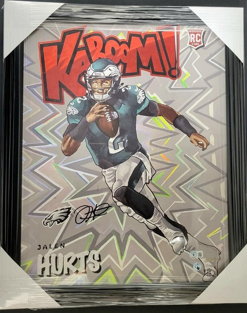 Jalen Hurts Signed Kaboom 4/10 Gold Ed. Beckett COA - 16" x 20" Art, Framed: Authentic Jalen Hurts With Signature Kaboom Gold With Black Frame Edition 4 of 10 Beckett COA - 16" x 20" Art Up For Auction Is An Authentic Jalen Hurts Autographed Piece of Art Featuring The