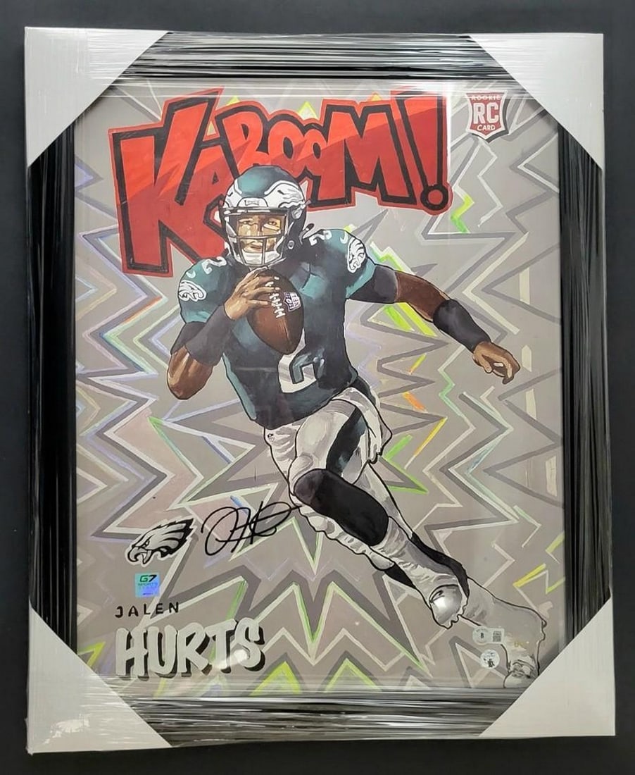 Jalen Hurts Signed Kaboom 5/10 Gold Ed. Beckett COA - 16" x 20" Art, Framed: Authentic Jalen Hurts With Signature Kaboom Gold With Black Frame Edition 5 of 10 Beckett COA - 16" x 20" Art Up For Auction Is An Authentic Jalen Hurts Autographed Piece of Art Featuring The