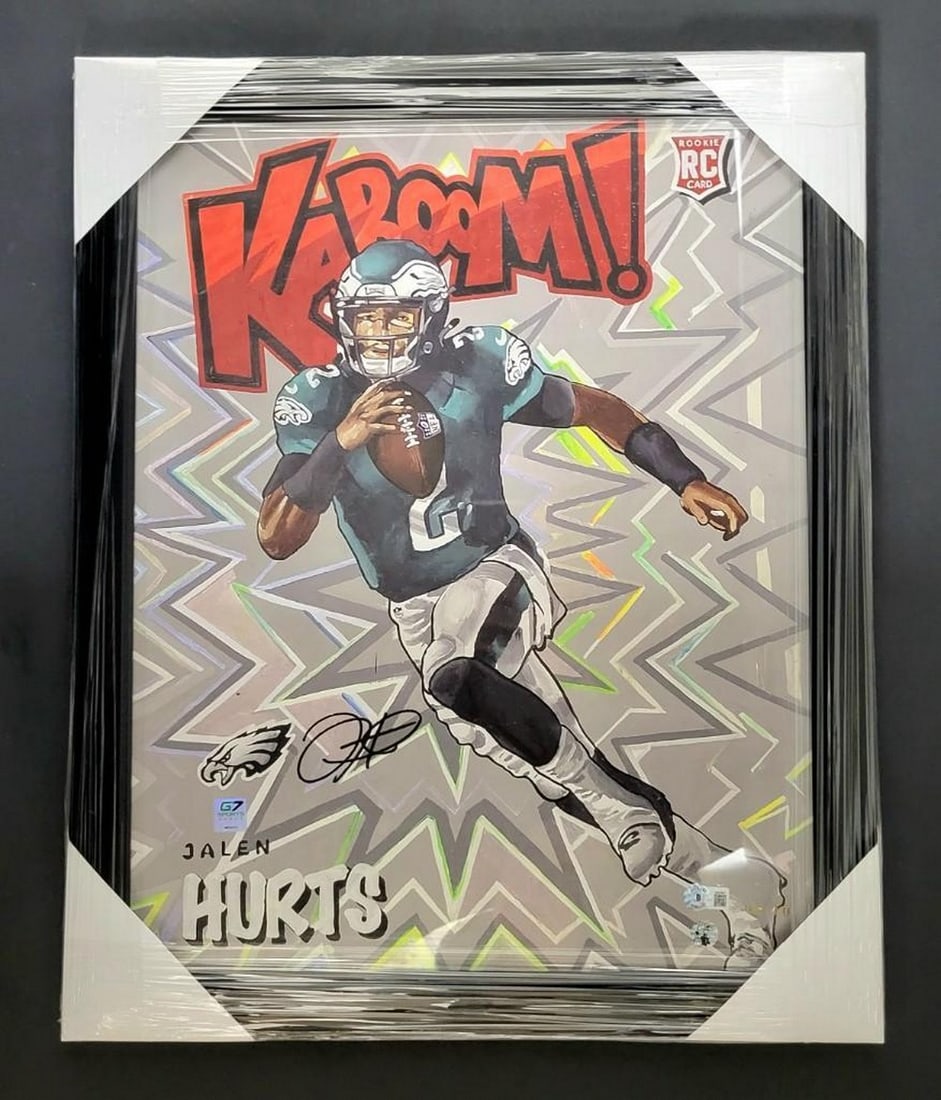 Jalen Hurts Signed Kaboom 6/10 Gold Ed. Beckett COA - 16" x 20" Art, Framed: Authentic Jalen Hurts With Signature Kaboom Gold With Black Frame Edition 6 of 10 Beckett COA - 16" x 20" Art Up For Auction Is An Authentic Jalen Hurts Autographed Piece of Art Featuring The