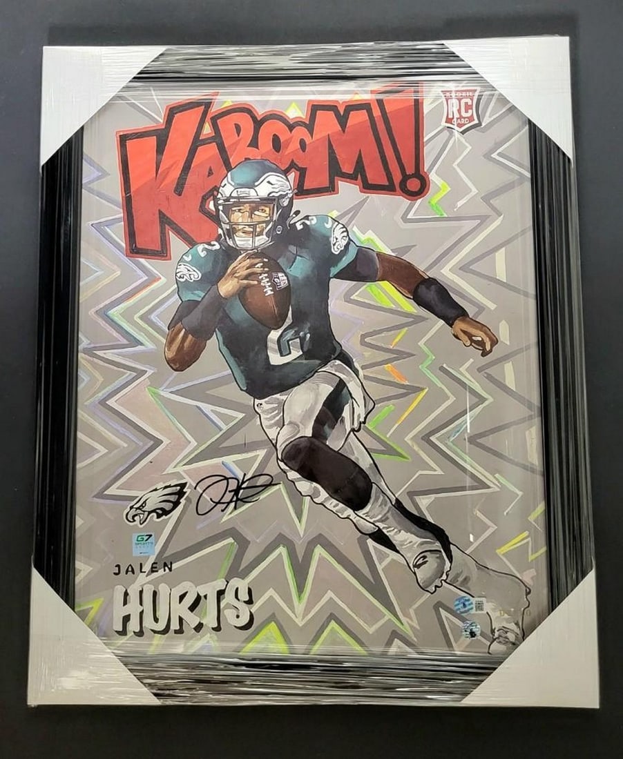Jalen Hurts Signed Kaboom 7/10 Gold Ed. Beckett COA - 16" x 20" Art, Framed: Authentic Jalen Hurts With Signature Kaboom Gold With Black Frame Edition 7 of 10 Beckett COA - 16" x 20" Art Up For Auction Is An Authentic Jalen Hurts Autographed Piece of Art Featuring The