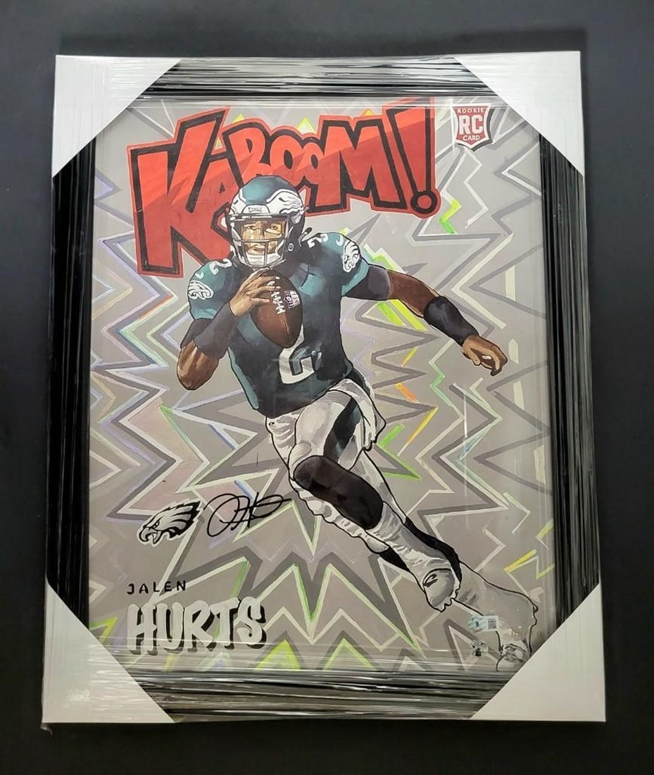 Jalen Hurts Signed Kaboom 8/10 Gold Ed. Beckett COA - 16" x 20" Art, Framed: Authentic Jalen Hurts With Signature Kaboom Gold With Black Frame Edition 8 of 10 Beckett COA - 16" x 20" Art Up For Auction Is An Authentic Jalen Hurts Autographed Piece of Art Featuring The