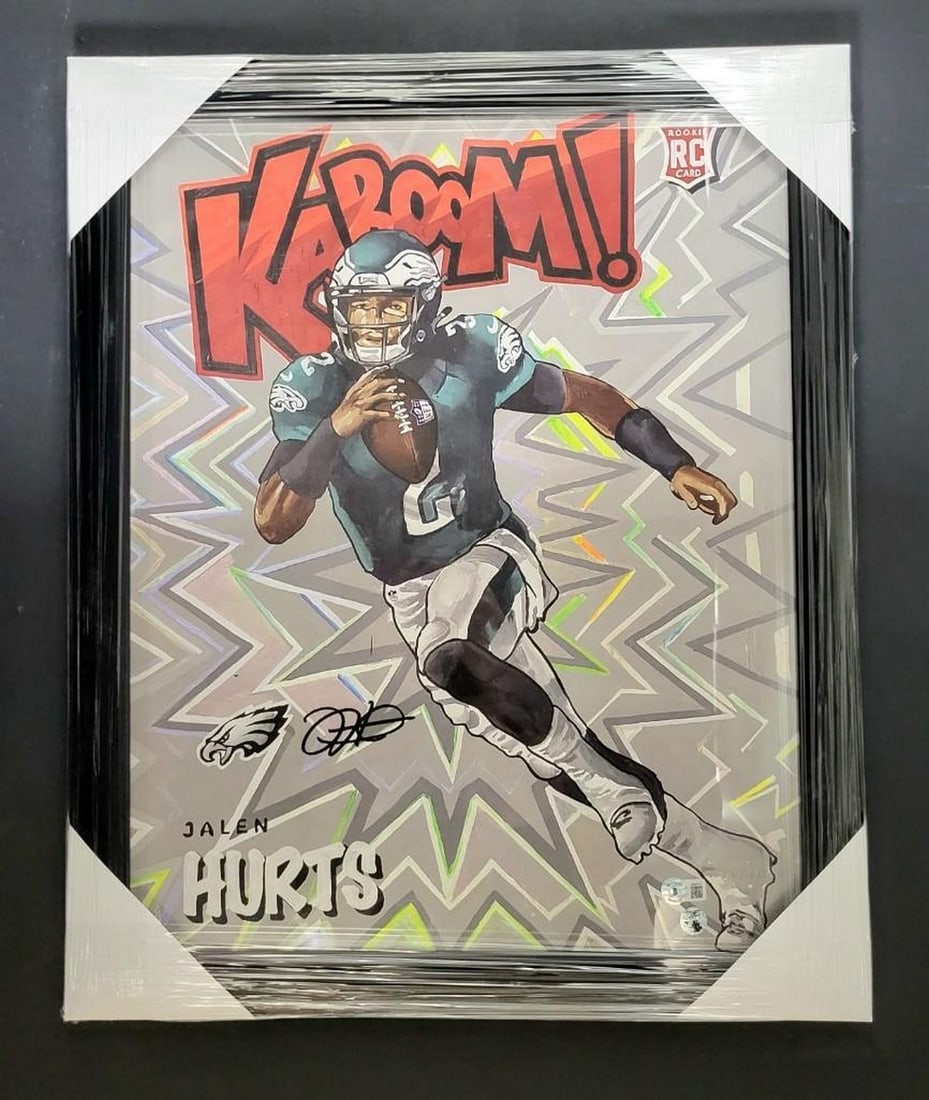 Jalen Hurts Signed Kaboom 10/10 Gold Ed. Beckett COA - 16" x 20" Art, Framed: Authentic Jalen Hurts With Signature Kaboom Gold With Black Frame Edition 10 of 10 Beckett COA - 16" x 20" Art Up For Auction Is An Authentic Jalen Hurts Autographed Piece of Art Featuring The