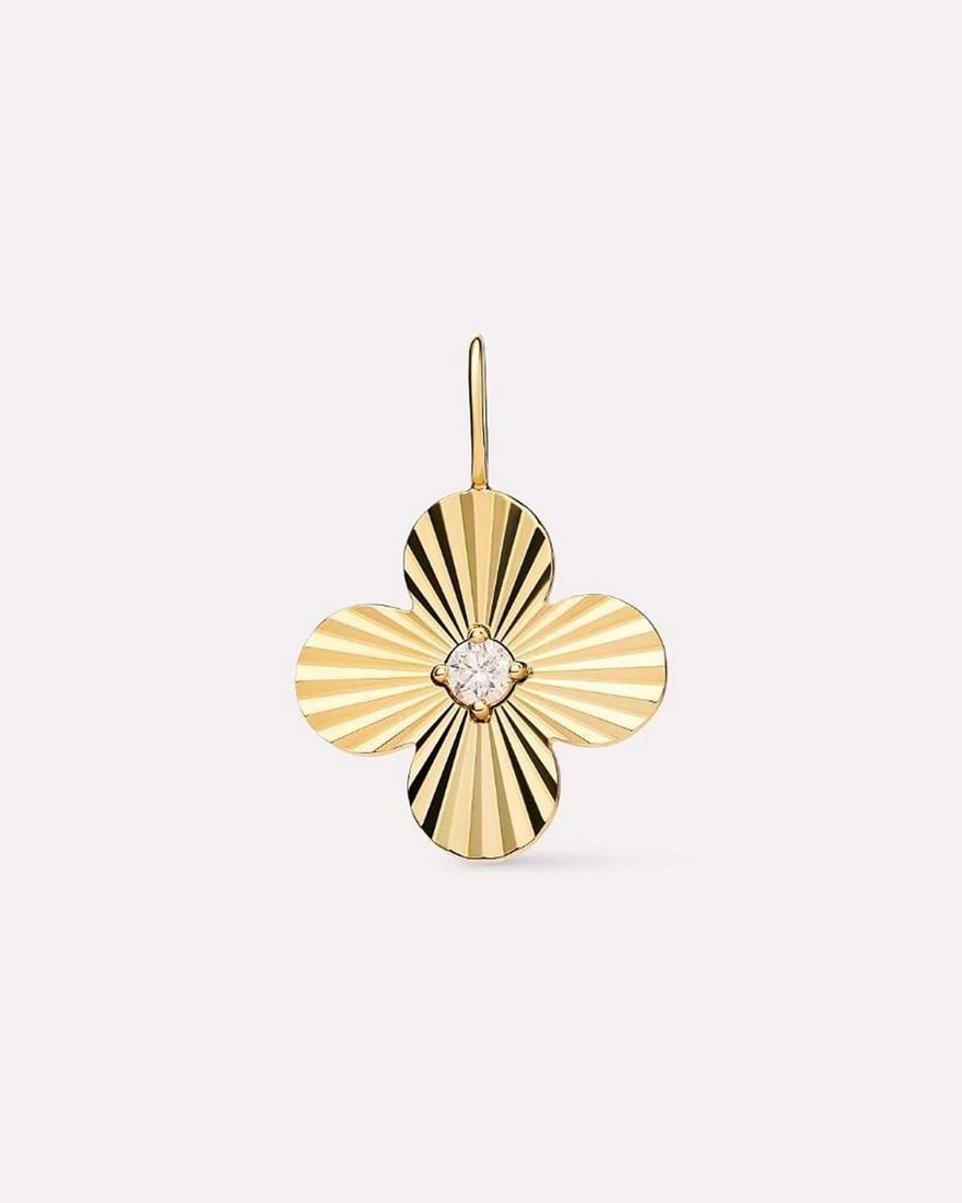Solid Gold Flower Pendant Necklace: Solid Gold Flower Pendant Necklace This pendant is crafted from recycled solid yellow gold in the shape of a delicate flower. A lab-grown diamond is set in the center, offering a subtle sparkle. Its l