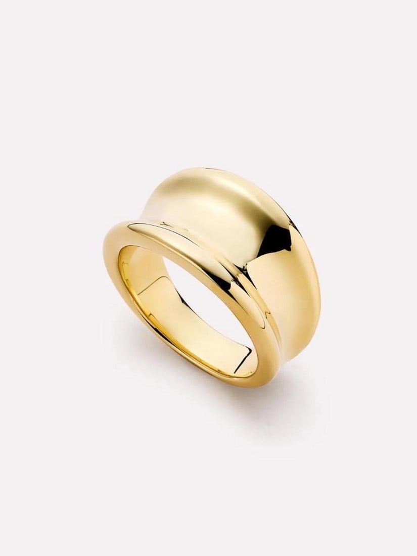 14K Gold-Plated Concave Band Ring: 14K Gold-Plated Concave Band Ring This sleek gold band ring is an effortless addition to any jewelry collection. Plated in 14K gold and designed with a smooth concave silhouette, it delivers a refine