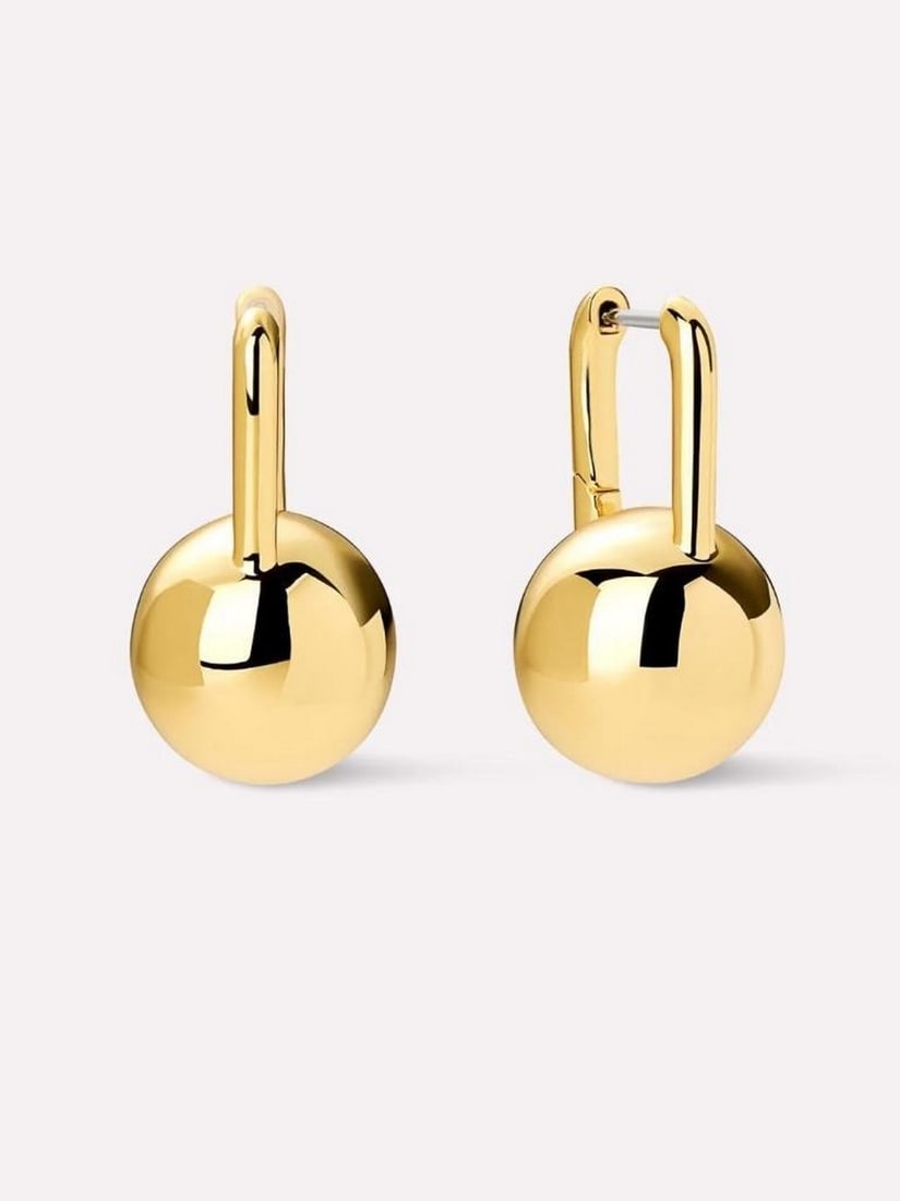 14K Gold-Plated Sphere Detail Hoop Earrings: 14K Gold-Plated Sphere Detail Hoop Earrings Bold and modern, these statement earrings feature a sleek hoop design accented with unique sphere-shaped detailing. Plated in 14k gold with a polished