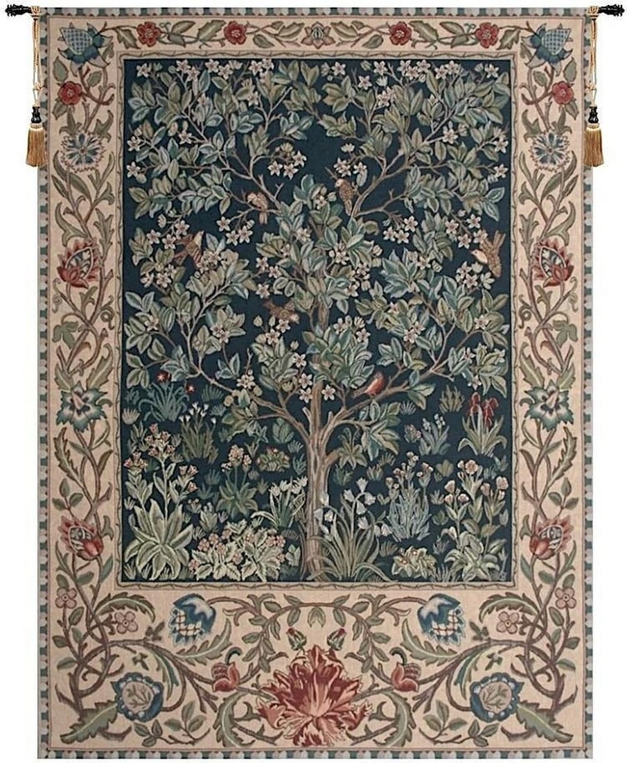 Tree of Life Blue – William Morris Inspired Belgian Wall Tapestry: Tree of Life Blue – William Morris Inspired Belgian Wall Tapestry This Belgian-woven tapestry is inspired by William Morris’s 1879 “Tree of Life” design, featuring the classic