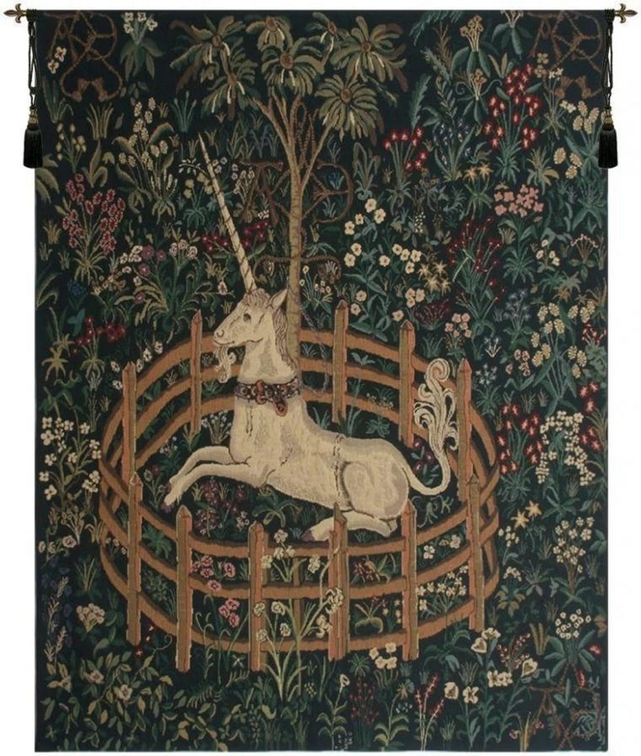 Medieval Unicorn in Captivity Inspired Belgian Wall Tapestry: Medieval Unicorn in Captivity Inspired Belgian Wall Tapestry This Belgian-woven wall tapestry is inspired by the legendary medieval Unicorn Tapestries, depicting the final scene where the unicorn