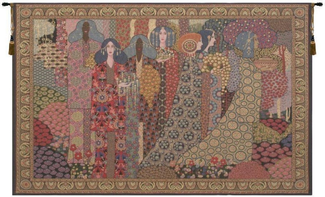 Aladdin Procession Inspired Italian Wall Tapestry: Aladdin Procession Inspired Italian Wall Tapestry This beautifully crafted tapestry is inspired by the celebrated work of Italian artist Vittorio Zecchin, drawing from his masterpiece “Le Mille