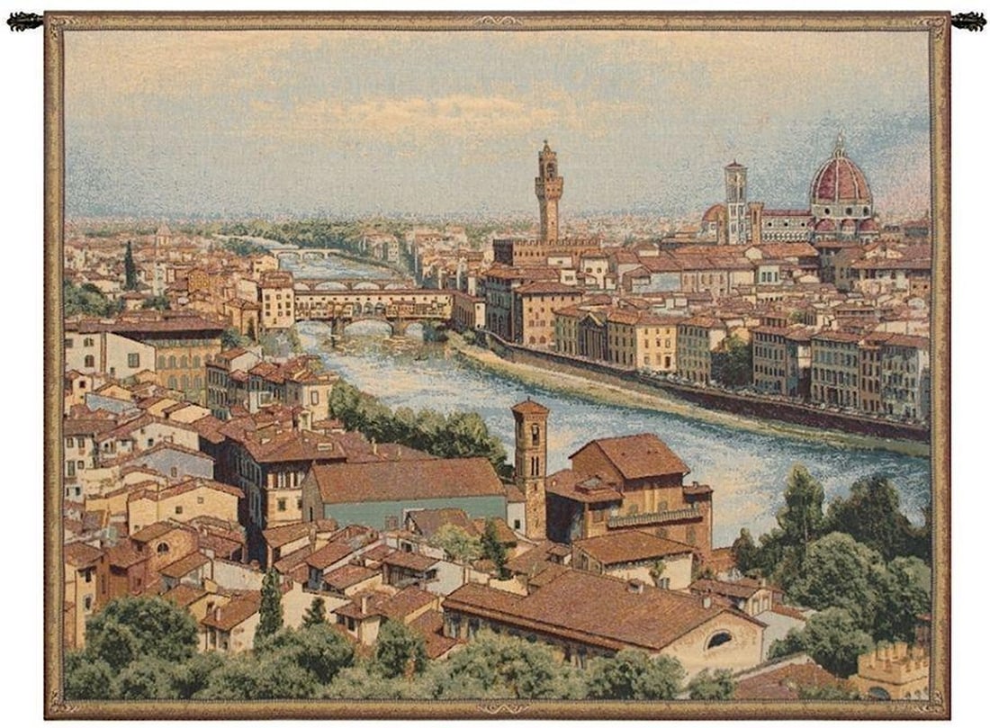 View of Florence and the Arno Inspired Italian Wall Tapestry: View of Florence and the Arno Inspired Italian Wall Tapestry This elegant wall tapestry features an inspired depiction of Florence and the serene flow of the Arno River, celebrating Italy’s rich