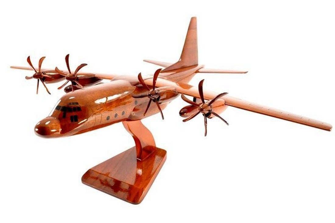 C-130 Hercules Six-Blade Wooden Model: C-130 Hercules Six-Blade Wooden Model This scale model of the historic C-130 Hercules cargo plane is expertly handcrafted from solid mahogany. Featuring movable props and wheels, it is finished with