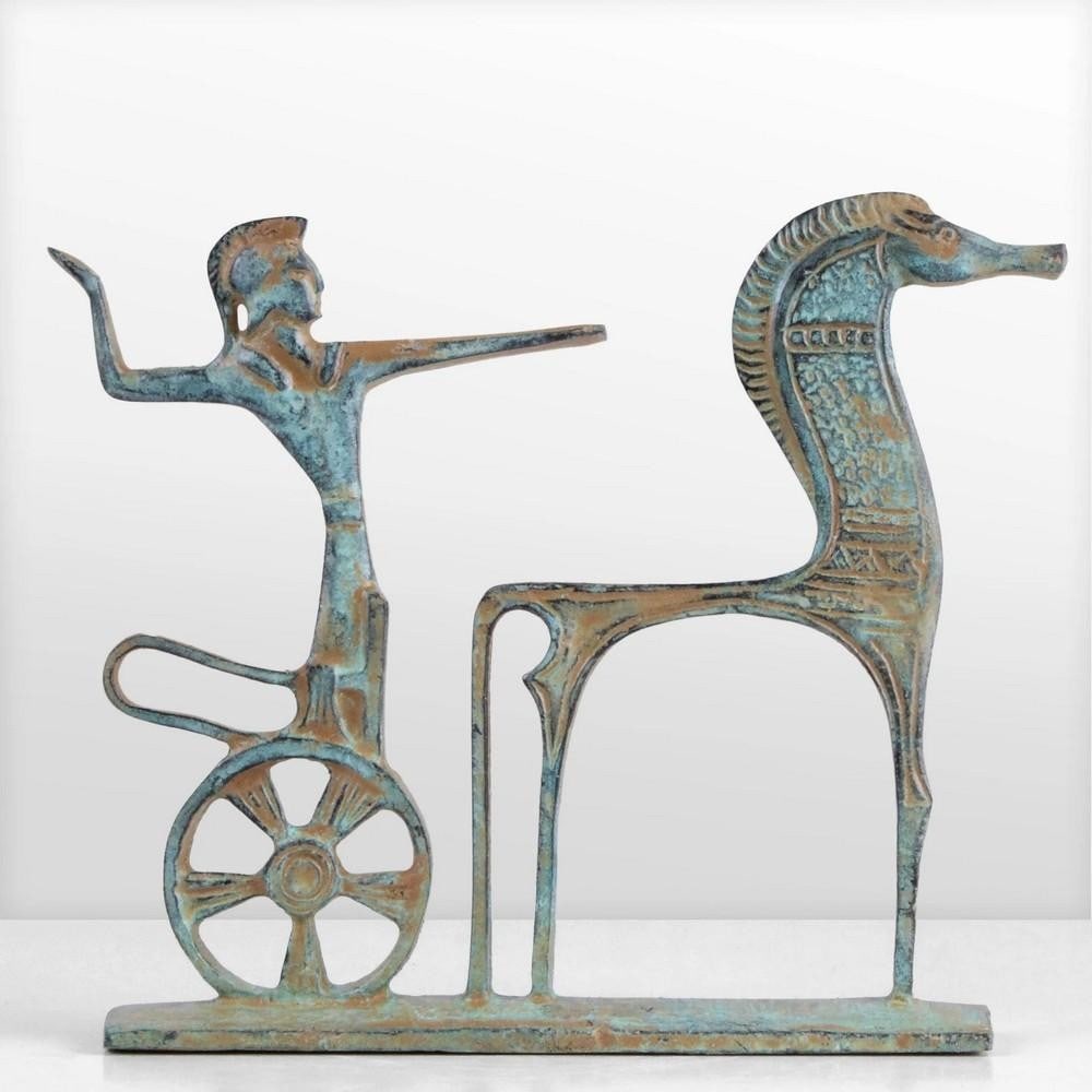 Bronze Statue of Ancient Greek Chariot Warrior - 5.1" x 5.9": Bronze Statue of Ancient Greek Chariot Warrior - 5.1" x 5.9" This stunning Ancient Greek Chariot Statue features a victorious warrior riding a chariot, crafted in an abstract Greek style.