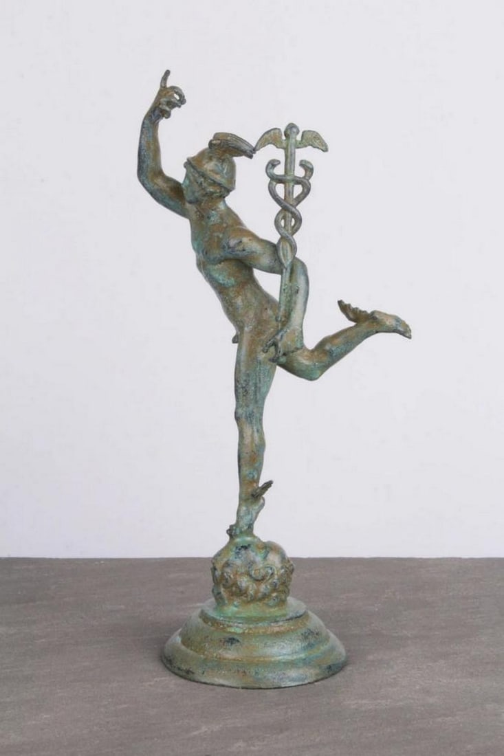 Mercury Bronze Figurine After Giambologna - (1.8lbs): Mercury Bronze Figurine After Giambologna - (1.8lbs) Inspired by Giambologna’s iconic Renaissance masterpiece, this bronze Mercury figurine captures the Roman god in elegant motion—balanced on a