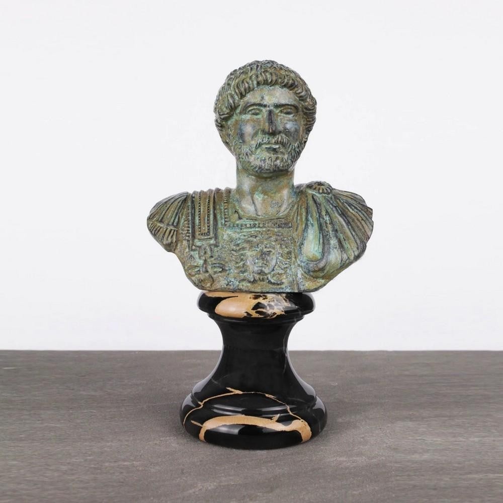 Bust of Emperor Hadrian – Roman Commander-in-Chief Sculpture in Aged Copper - (2.2lbs): Bust of Emperor Hadrian – Roman Commander-in-Chief Sculpture in Aged Copper - (2.2lbs) A refined reproduction of the iconic portrait bust of Roman Emperor Hadrian (AD 117–138), originally