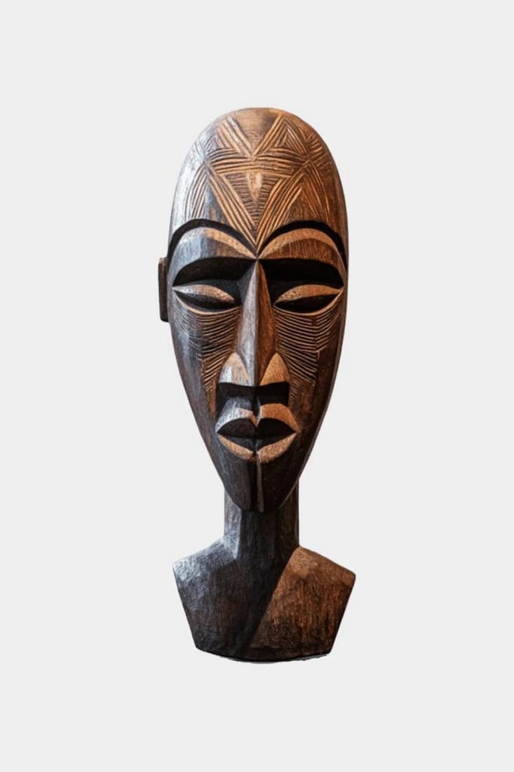 Geometric Tribal Bust Sculpture: Geometric Tribal Bust Sculpture A contemporary wooden sculpture featuring a stylized bust with bold carved patterns and expressive geometric features. The elongated form, detailed contours, and