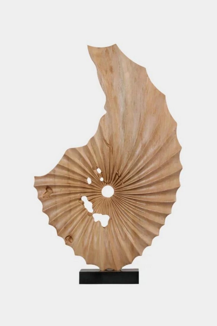 Whorl of Nature Wooden Art Sculpture: Whorl of Nature Wooden Art Sculpture This captivating wooden sculpture evokes the elegance of organic form, resembling a sea shell or unfurling fan caught in motion. Carefully carved radial grooves ra