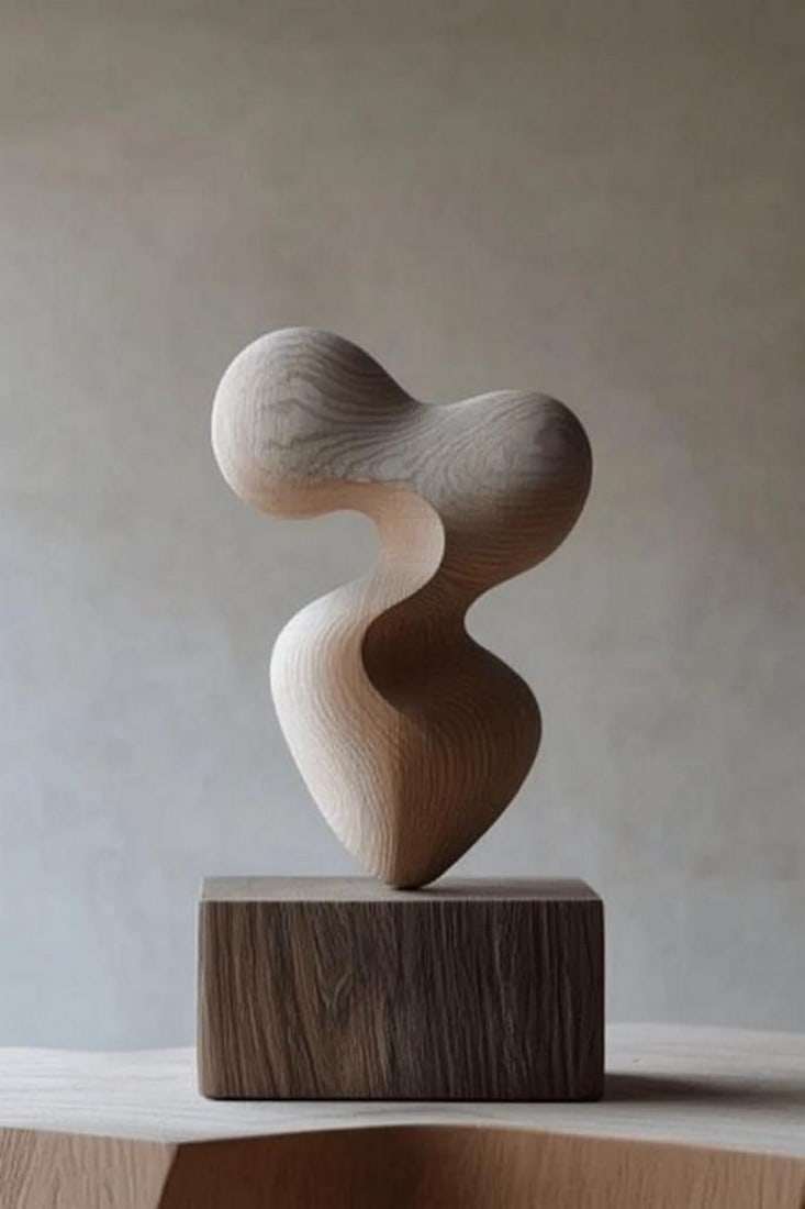 Spiral of Becoming Wooden Abstract Sculpture: Spiral of Becoming Wooden Abstract Sculpture Crafted from solid wood, this abstract sculpture flows with interwoven curves, evoking movement and transformation. Its twisting form and clean base celebr