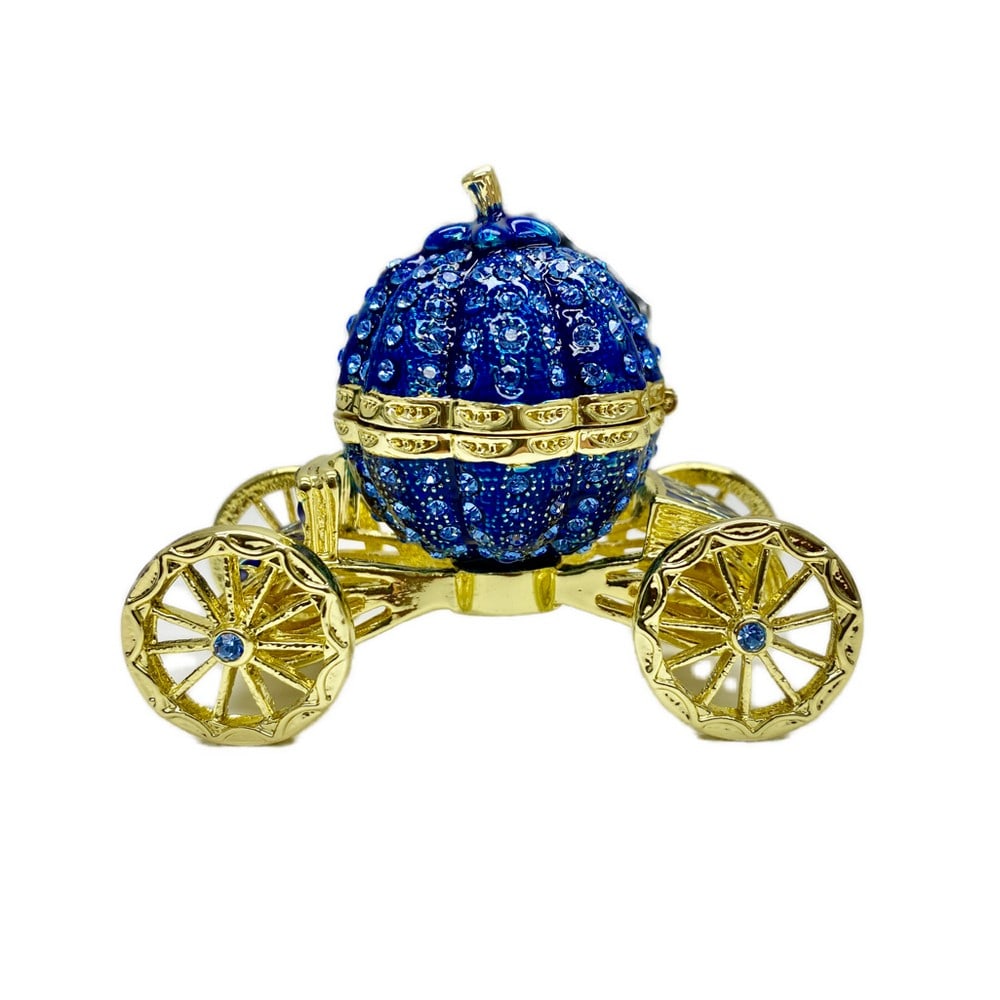 MAGICAL ROYAL BLUE FABERGE PUMPKIN CARRIAGE TRINKET BOX: Magical Royal Blue Faberge Pumpkin Carriage Trinket Box Dimensions: 2.8"H x 1.65"W x 3.14"L Plated with 24K Gold. Each crystal is handpicked and artistically placed on each piece. The