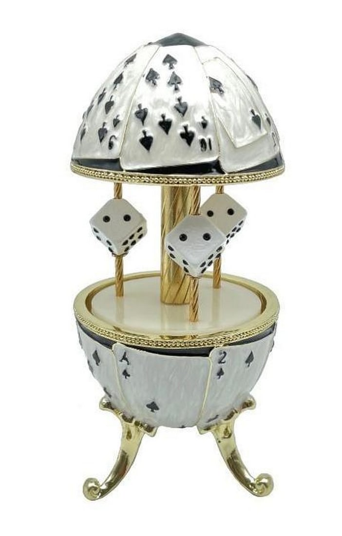 Dice & Cards Las Vegas Carousel Trinket Box: Dice & Cards Las Vegas Carousel Trinket Box Enamel Painted Trinket Box Decorated with Austrian Crystals. A splendid handmade Dice & Cards Carousel Trinket Box. This piece is a unique