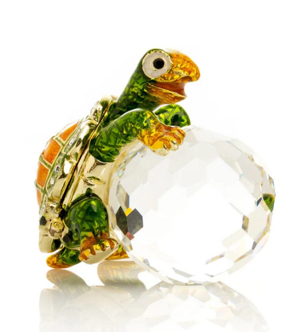 Turtle on Crystal Egg Trinket Box: Turtle on Crystal Egg Trinket Box This enamel-painted trinket box is beautifully decorated with handpicked Austrian crystals, each artistically placed to create a stunning design. Plated with