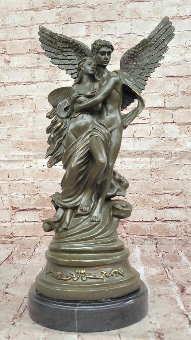 Eros & Psyche Bronze Sculpture by Milo – Mythical Lovers with Wings on Marble Base – 20.5" x: Eros & Psyche Bronze Sculpture by Milo – Mythical Lovers with Wings on Marble Base – 20.5" x 10" This exquisite bronze statue by Miguel Lopez, known as Milo, brings to life the legenda