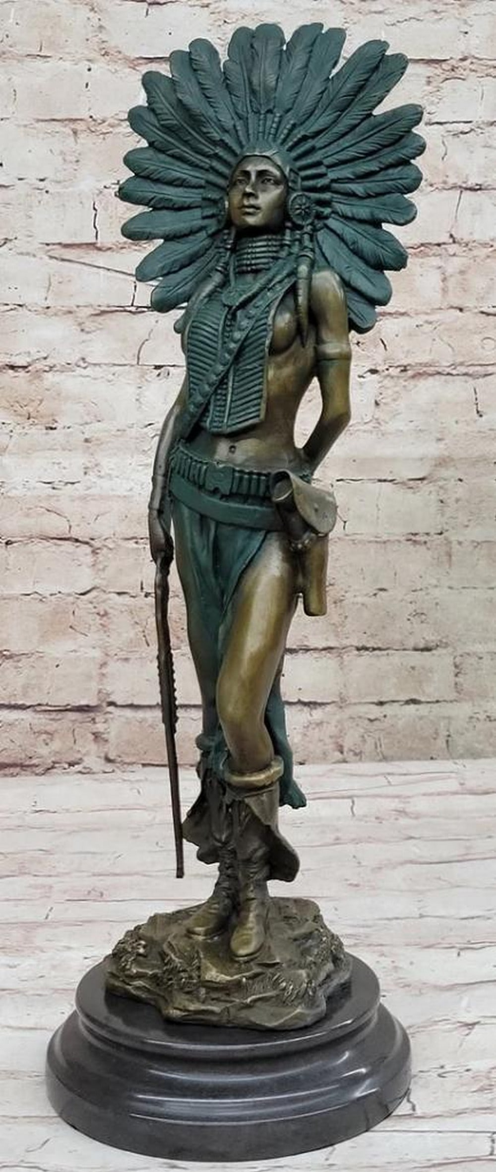 Original Bronze Native American Woman with Rifle Sculpture Signed by Milo - 18" x 6": Original Bronze Native American Woman with Rifle Sculpture Signed by Milo - 18" x 6" Immerse yourself in the awe-inspiring depiction of a fierce Native American woman, poised for the hunt, in
