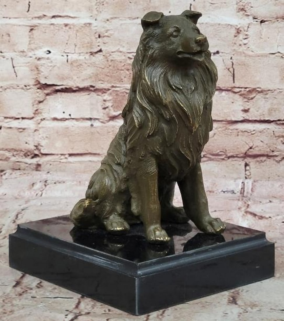 Gentle Companion: Bronze Collie Dog Statue: Gentle Companion: Bronze Collie Dog Statue This charming bronze statue portrays a loyal Collie dog sitting attentively with its mouth slightly open, capturing the breed’s friendly and