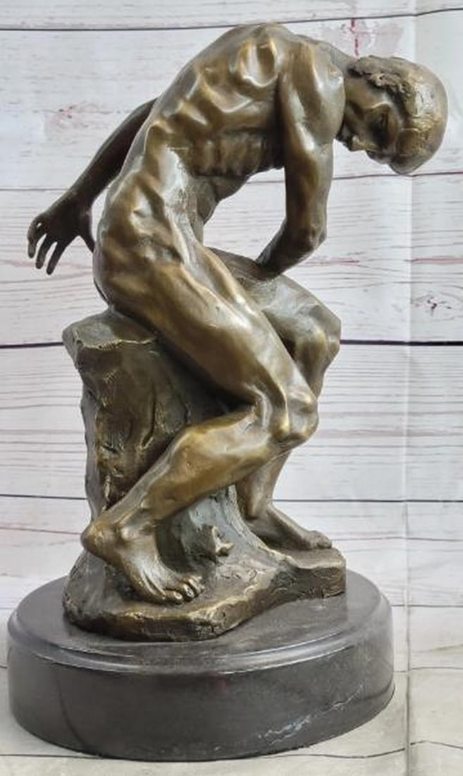Edge of Despair Bronze Sculpture: Edge of Despair Bronze Sculpture This compelling reproduction bronze sculpture captures a raw, visceral moment of human vulnerability. Modeled after the expressive style of Auguste Rodin, the