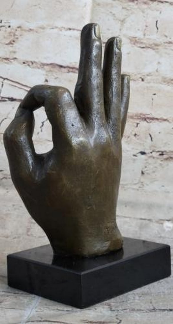 OK Hand Gesture Bronze Sculpture: OK Hand Gesture Bronze Sculpture Confident and contemporary, this is a striking modern abstract bronze sculpture depicting the iconic OK hand gesture, rendered with smooth lines and bold form. The mi
