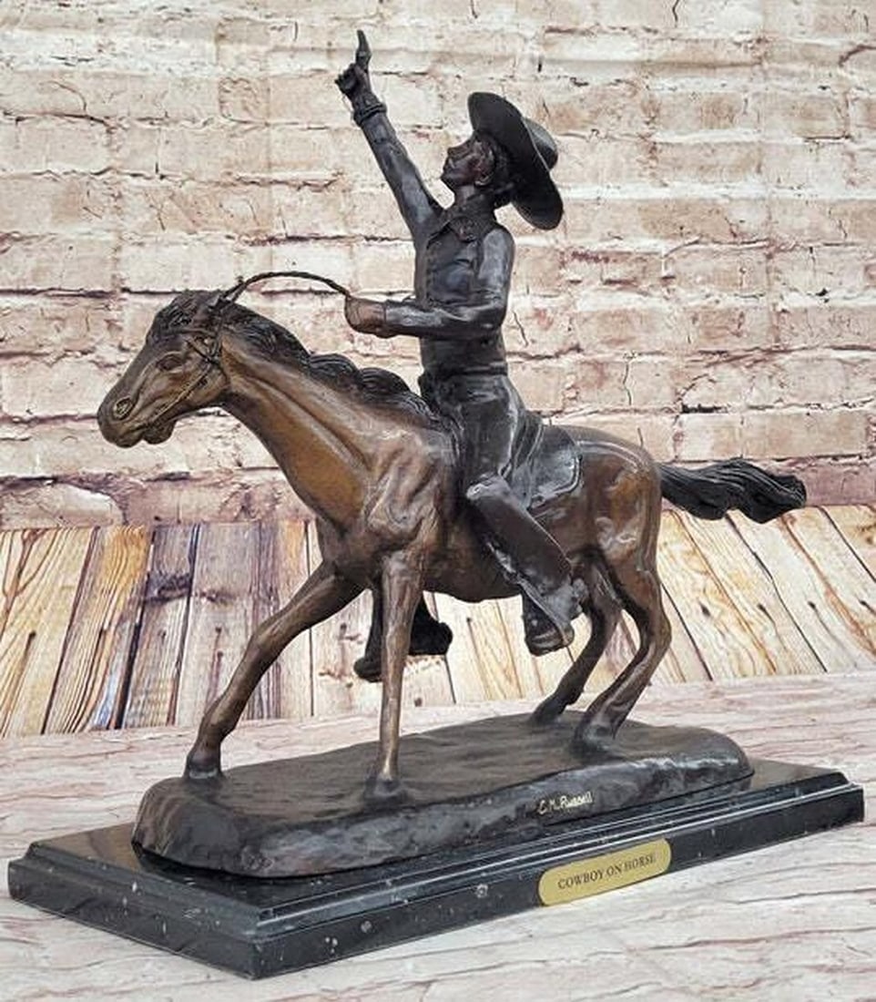 Western American Cowboy on Horseback Bronze Sculpture - 16" x 17": Western American Cowboy on Horseback Bronze Sculpture - 16" x 17" A celebration of American heritage and craftsmanship, the handcrafted bronze sculpture titled "Will Rogers" by C.M.