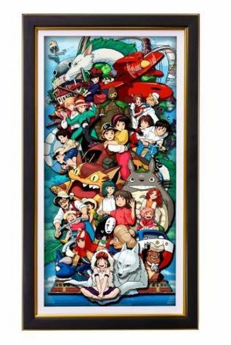 Miyazaki's World in Layers 3D Paper Art in Black & Gold Frame: Miyazaki's World in Layers 3D Paper Art in Black & Gold Frame Celebrate the timeless magic of Studio Ghibli with this intricately crafted 3D paper art piece, featuring beloved characters from