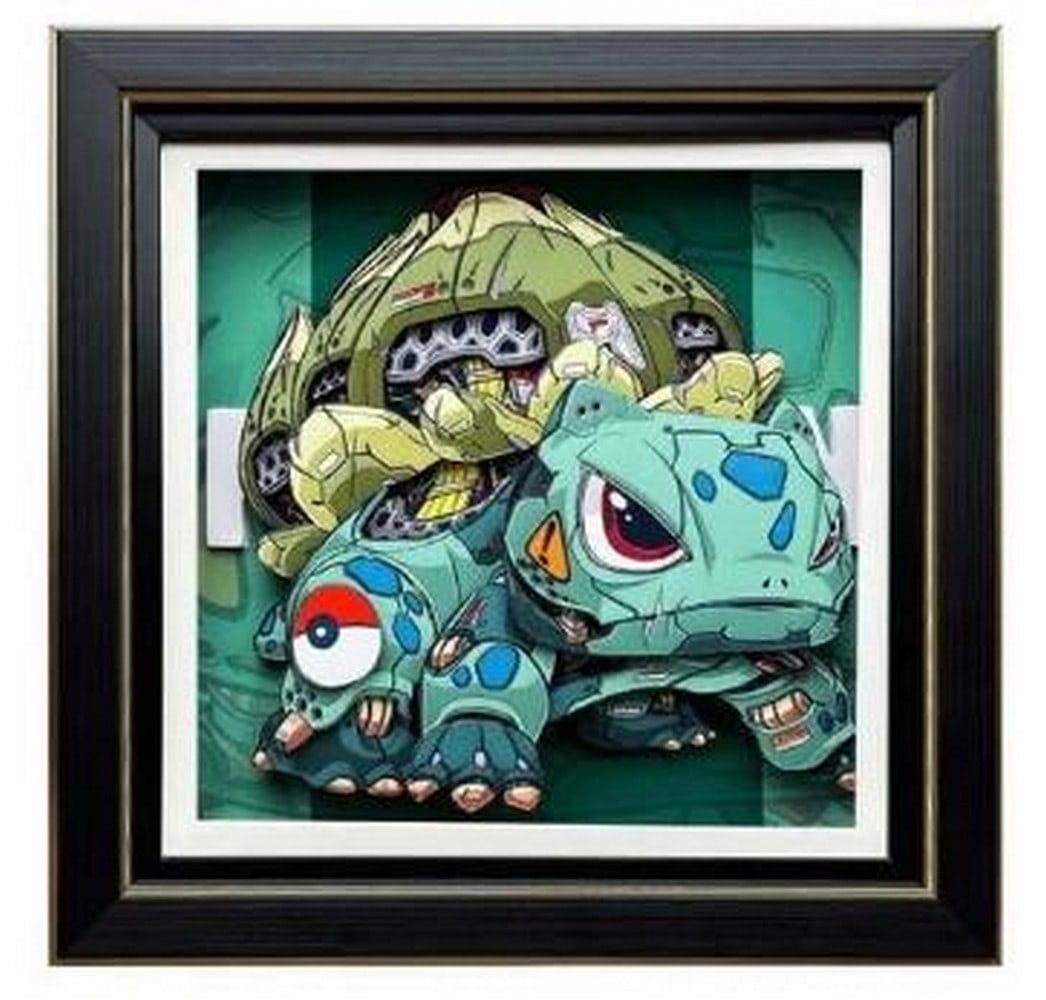 Forest Friend 3D Paper Art Featuring Bulbasaur in Black & Gold Frame: Forest Friend 3D Paper Art Featuring Bulbasaur in Black & Gold Frame Charming and full of nostalgia, this handcrafted 3D paper art features Bulbasaur, the beloved Grass-type starter from the Pok�