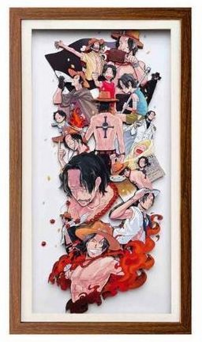 Ace 3D Paper Art in Walnut Wood Frame: Ace 3D Paper Art in Walnut Wood Frame Celebrate the fiery spirit of Portgas D. Ace with this dynamic 3D Paper Art montage, capturing him in multiple iconic poses and outfits. From moments of fierce b