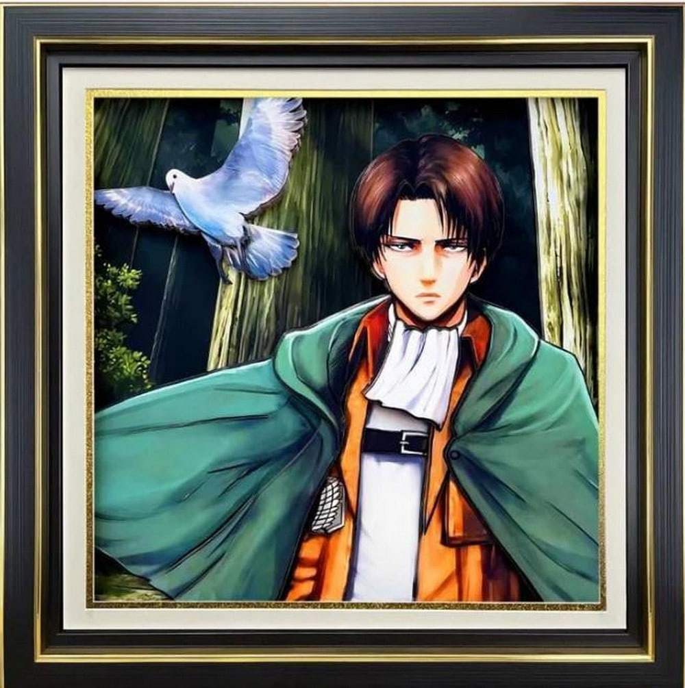 3D Paper Art Frame Levi in Focus: 3D Paper Art Frame Levi in Focus This striking 3D paper art frame captures Levi in a moment of quiet intensity. With trees behind him and a bird soaring just above his shoulder, he stares ahead with