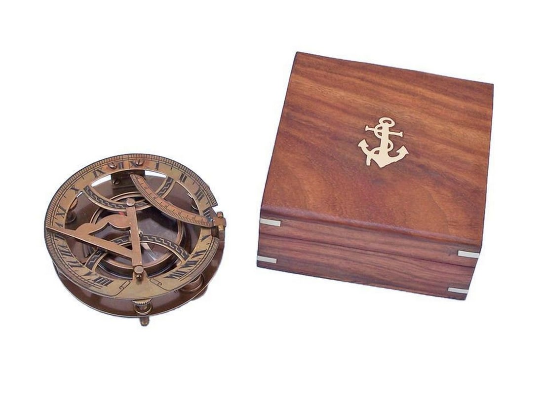 Antique Brass Round Sundial Compass with Rosewood Box 6" (1 of 3)
