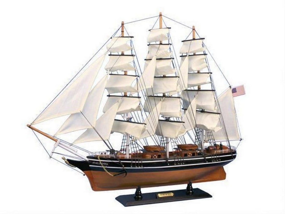 Wooden Star Of India Tall Model Ship 30": Wooden Star Of India Tall Model Ship 30" This fine tall ships model of the famous clipper ship Star of India is perfectly sized for any small shelf, desk or mantle. Renowned for her speed and