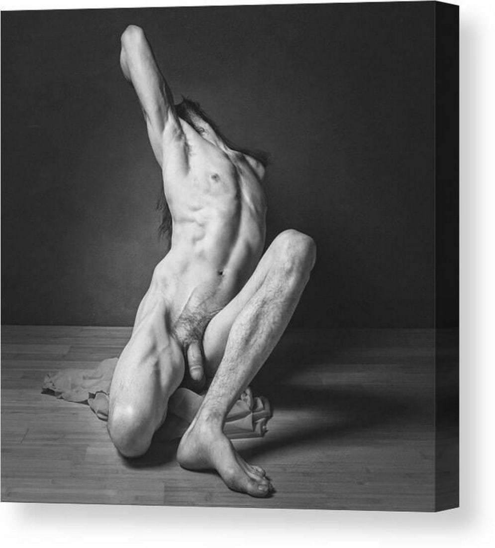 Black and White Nude Pose Canvas Print Wall Art: Black and White Nude Pose Canvas Print Wall Art This canvas print features Black and White Nude Pose by Thomas Simpson. The composition presents a monochrome nude figure inspired by collaborative ske