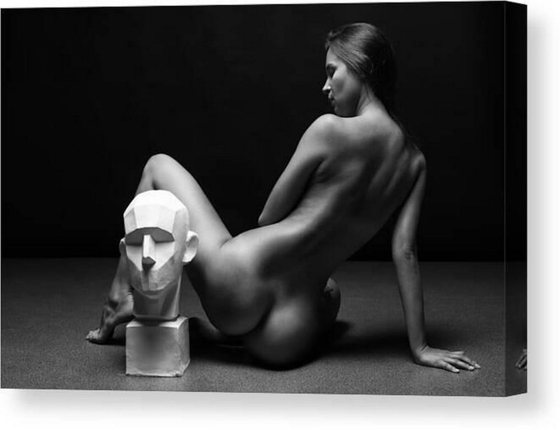 Elegant Nude with Artistic Bust Canvas Print Wall Art: Elegant Nude with Artistic Bust Canvas Print Wall Art This canvas print features Elegant Nude with Artistic Bust by Anton Belovodchenko. The monochrome composition captures a seated nude female