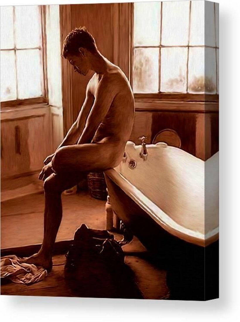Man and Bath Canvas Print Wall Art: Man and Bath Canvas Print Wall Art This canvas print features Man and Bath by Troy Caperton. The composition depicts a man seated beside a bathtub, capturing a quiet, introspective moment in an
