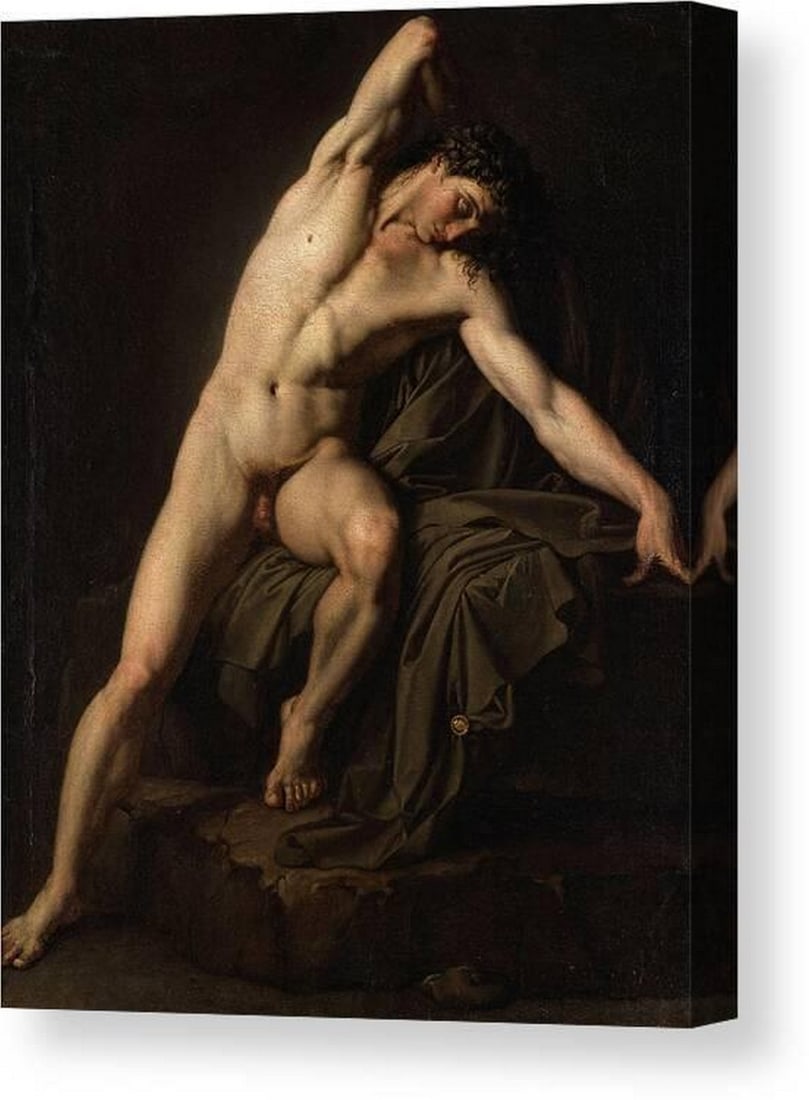 Mythological Male Nude Pose Canvas Print Wall Art: Mythological Male Nude Pose Canvas Print Wall Art This canvas print features Mythological Male Nude Pose by an Unknown artist. The composition presents a male nude figure rendered in oil on