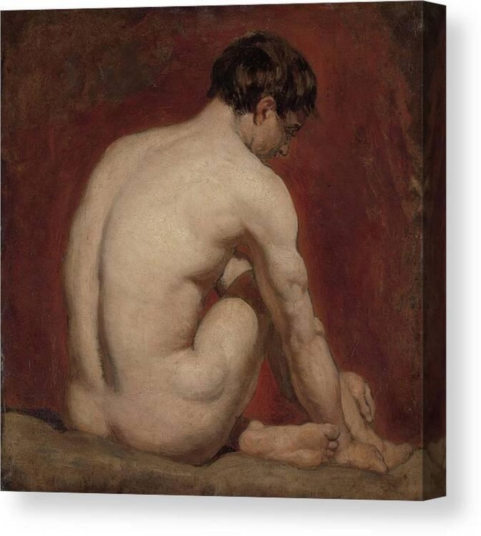 Kneeling Male Nude, Back View Canvas Print Wall Art: Kneeling Male Nude, Back View Canvas Print Wall Art This canvas print features Male Nude, Kneeling, From the Back by William Etty. The composition depicts a male nude kneeling with his back to the vi