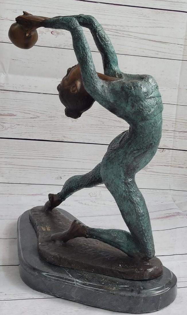 Rhythmic Gymnast Original Bronze Statue with Green Patina Signed by Collett - 15" x 16": Rhythmic Gymnast Original Bronze Statue with Green Patina Signed by Collett - 15" x 16" Immerse yourself in the artistry of rhythmic gymnastics with our handcrafted bronze statue capturing the