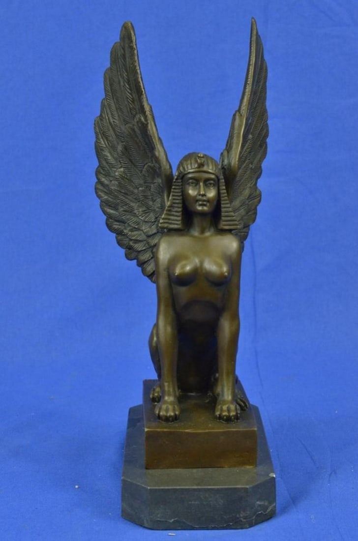 Mystical Nude Sphinx Marble Base Bronze Sculpture: Mystical Nude Sphinx Marble Base Bronze Sculpture The Sphinx I`ll bet you`ve heard of her! She was the riddle who was part woman part lion. She killed anyone who couldn`t answer her