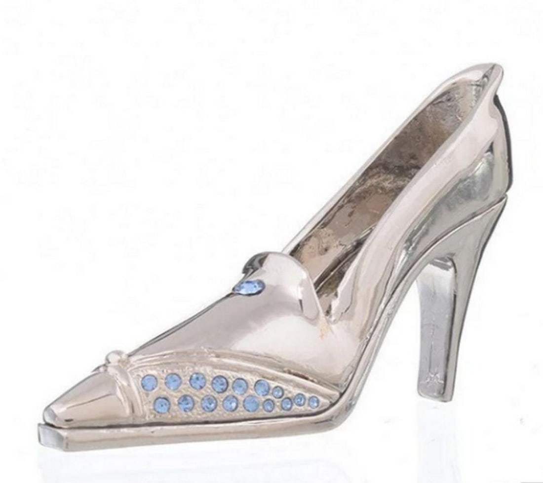 Silver Evening Stiletto Heels Trinket Box: Silver Evening Stiletto Heels Trinket Box This enamel-painted trinket box, plated with either 24K gold or 925 silver, is a stunning piece adorned with handpicked Austrian crystals, each artistically p