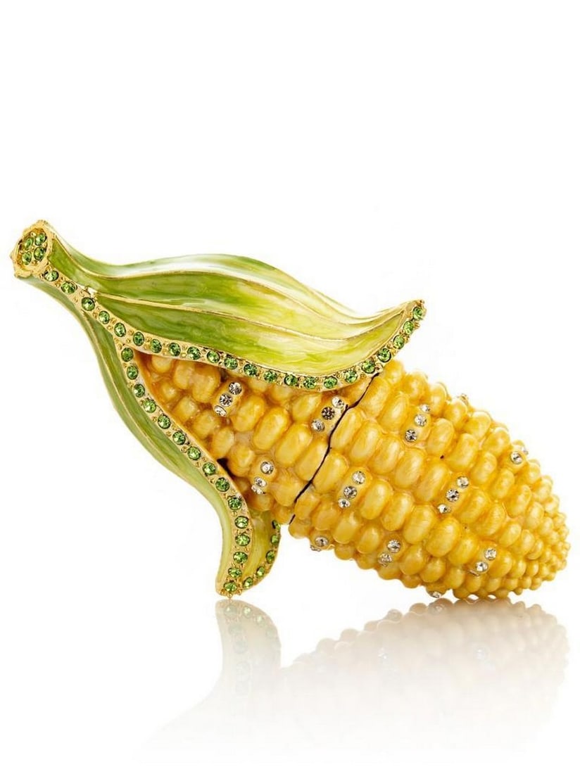 Jeweled Corn Enamel Trinket Box: Jeweled Corn Enamel Trinket Box Brighten up your decor with this playful Jeweled Corn Trinket Box. The detailed ear of corn is painted in golden yellow enamel, hand-set with sparkling crystals,