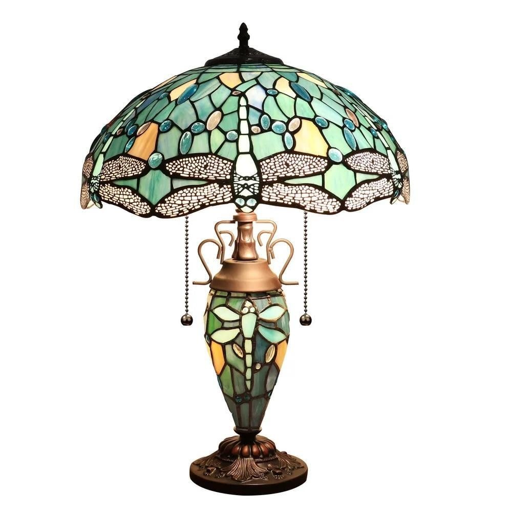 Dragonfly Glow Tiffany-Style 3-Light Double Lit Table Lamp – 16" Shade: Dragonfly Glow Tiffany-Style 3-Light Double Lit Table Lamp – 16" Shade This Tiffany-style table lamp features a hand-crafted dragonfly design made from 363 pieces of stained art glass and