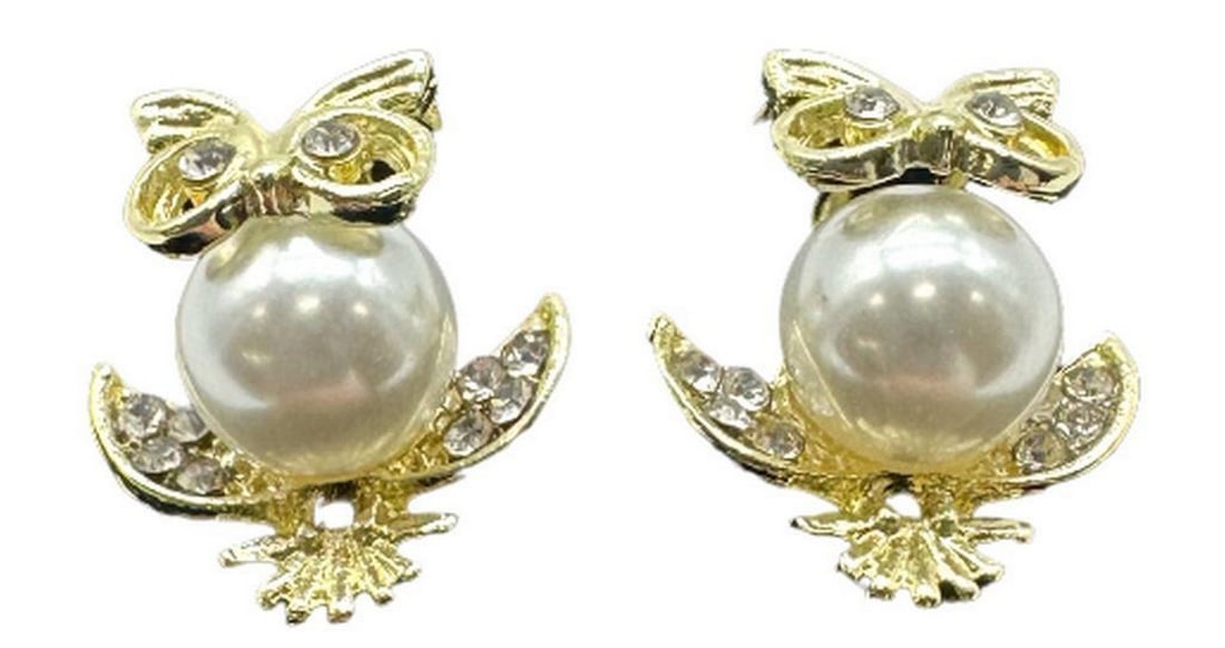 Gold Plated & Pearl Owl Stud Earrings With Austrian Crystals (1 of 2)