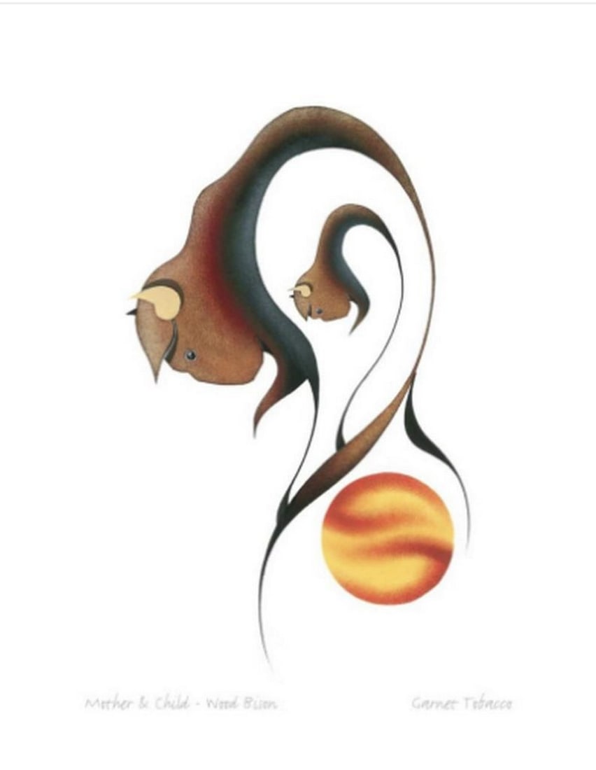 12" x 14" Mother & Child - Wood Bison Framed Art Print by Garnet Tobacco: 12" x 14" Mother & Child - Wood Bison Framed Print by Garnet Tobacco Garnet Tobacco, a Cree artist, was born on February 6th, 1964 in Moose Lake, Manitoba. The Buffalo is his family crest