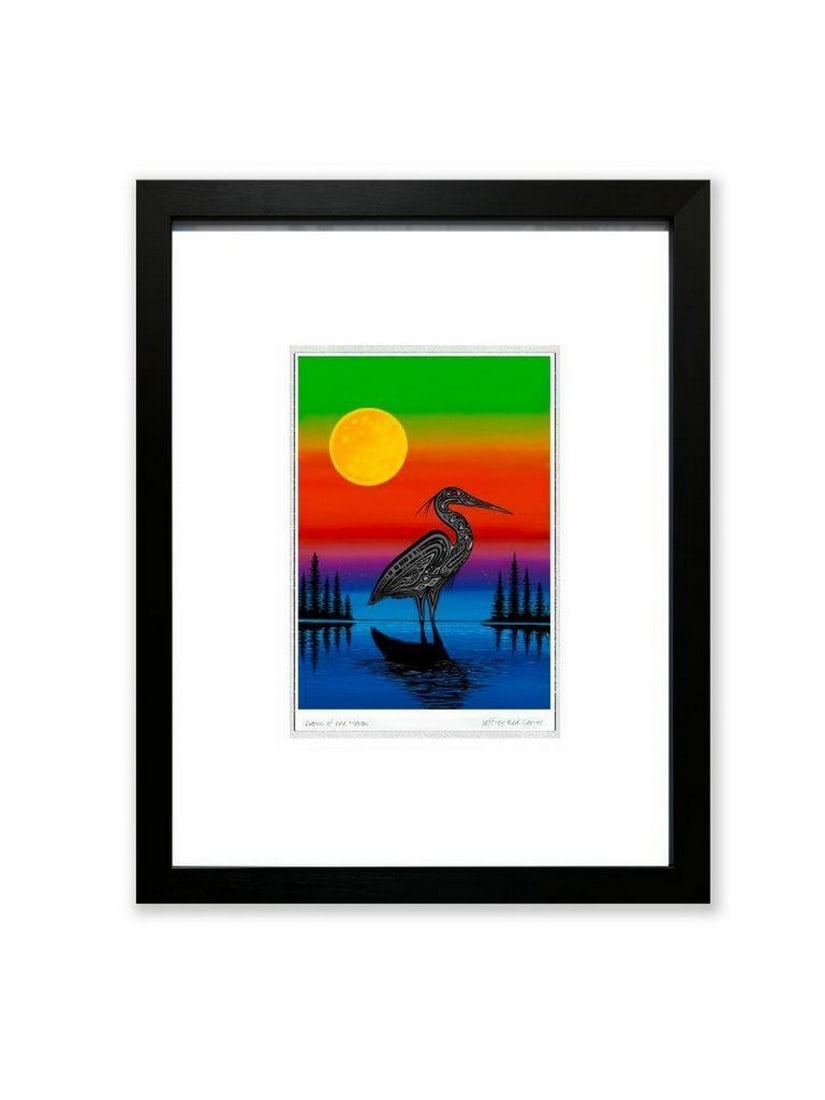Majestic Sunrise: Art by Red George Jeffrey 'Dawn of The Heron' Framed Print - 14" x 12": Majestic Sunrise: Art by Red George Jeffrey 'Dawn of The Heron' Framed Print - 14" x 12" Experience the breathtaking allure of West Coast Indigenous art with our 'Majestic Sunrise