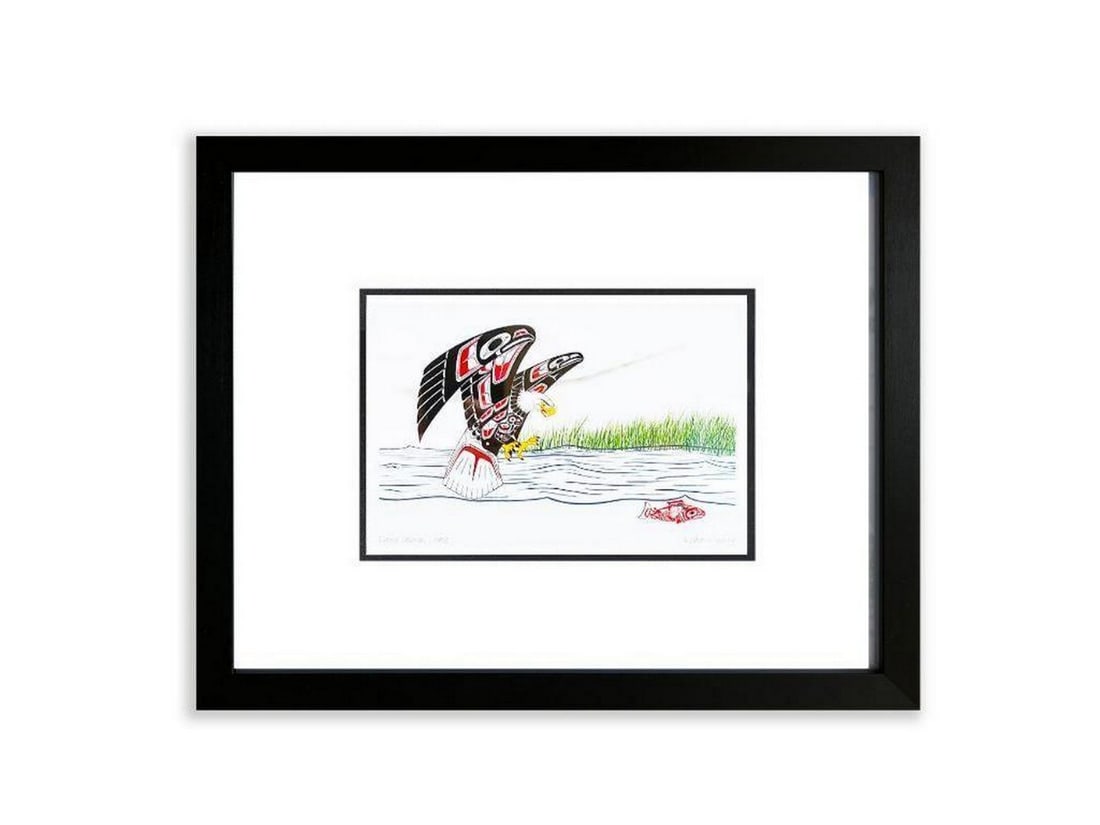 Spiritual Pursuit: Art by Richard Shorty 'Eagle Salmon Chase' Framed Print - 12" x 14" (1 of 3)
